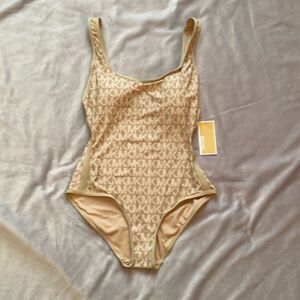 MICHAEL Michael Kors Logo Khaki One Piece Swimsuit Size 10 Padded $118 NWT